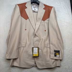 Vintage Western Rockabilly Suit Mens 42R 34 Beige Cowboy Stage Set Pearl Snap